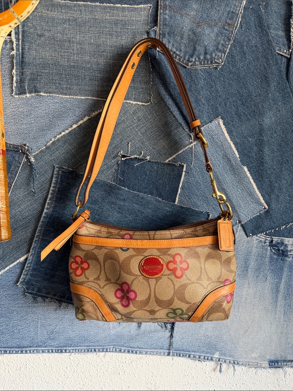 Coach Tan Signature Canvas Shoulder Bag with Multicolor Floral Print